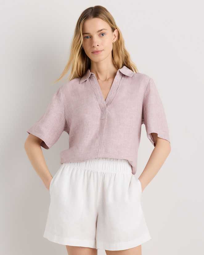 Vintage Pink Chambray 100% European Linen Short Sleeve Popover Top