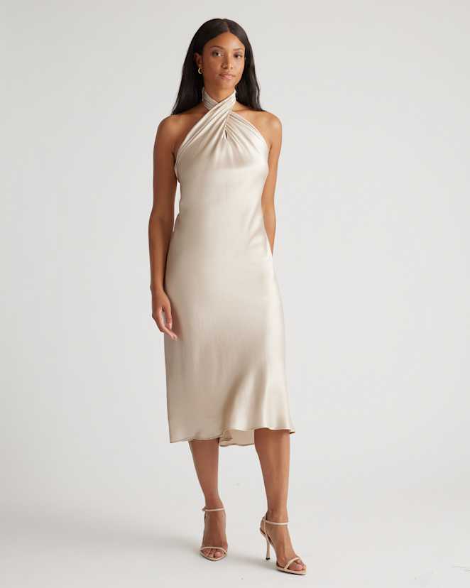 Champagne 100% Washable Silk Twist Halter Midi Dress