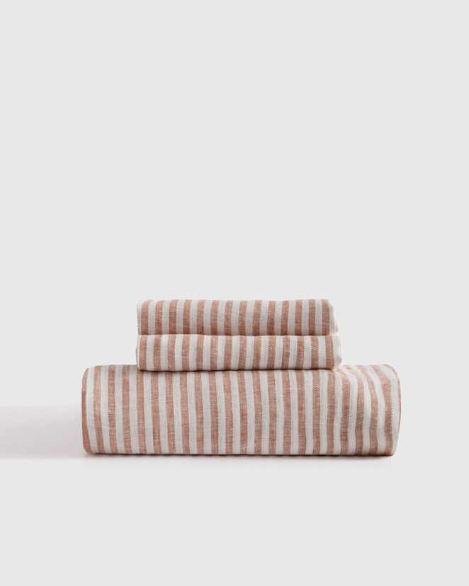 Terracotta/White Stripe European Linen Fitted Sheet Set