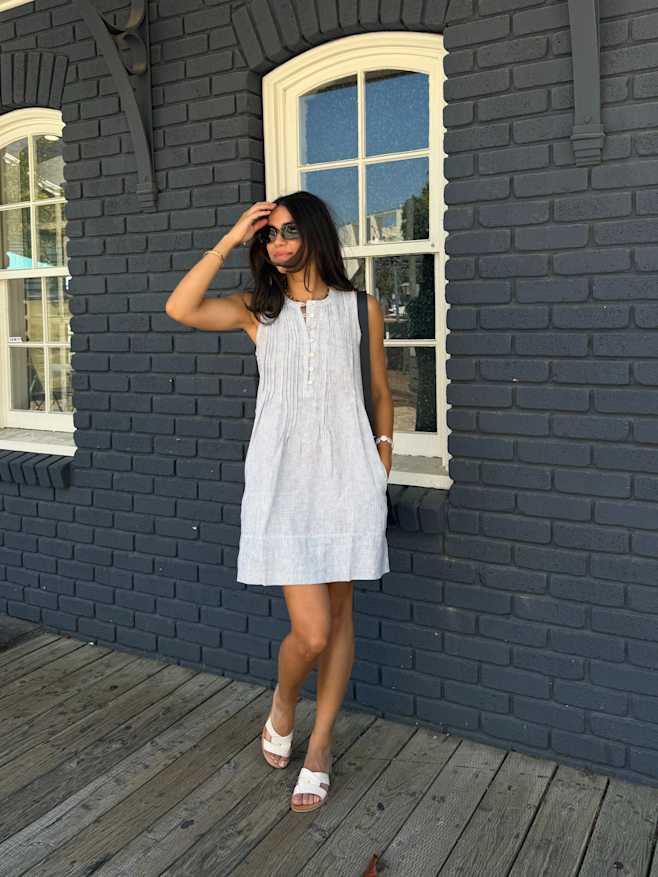 Blue Pinstripe 100% European Linen Sleeveless Swing Dress