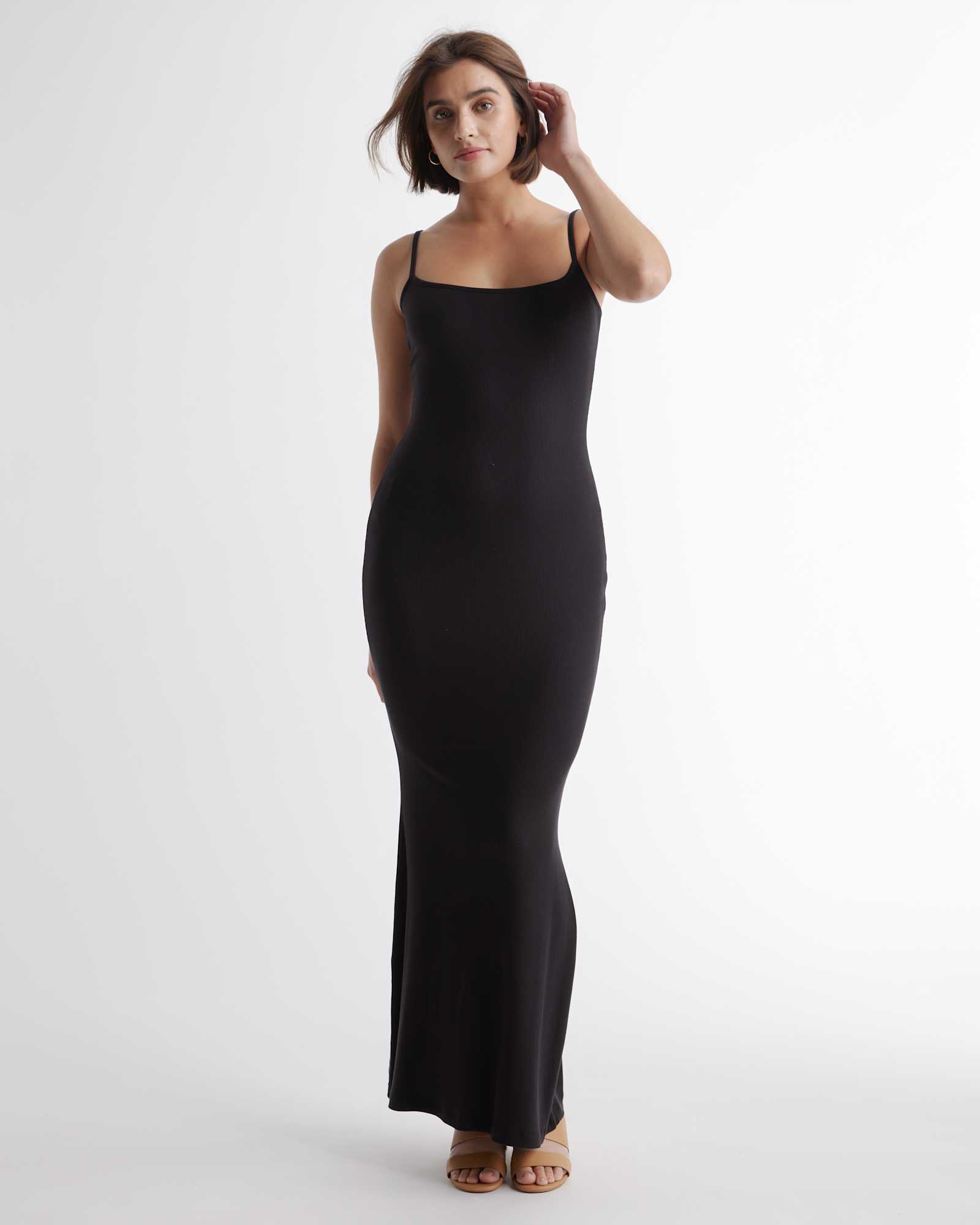 black Tencel Rib Knit Maxi Slip Dress