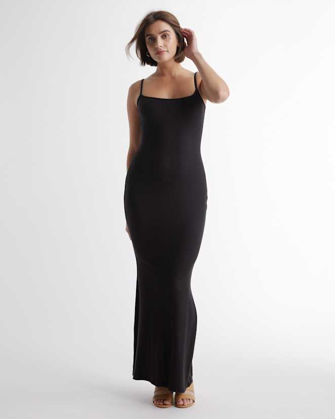 Black Tencel Rib Knit Maxi Slip Dress