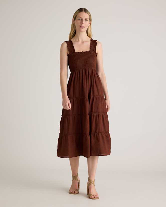 Chocolate 100% European Linen Smocked Midi Dress