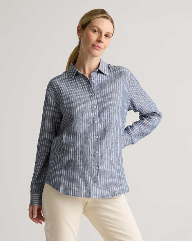 Chambray Stripe 100% European Linen Maternity Long Sleeve Shirt