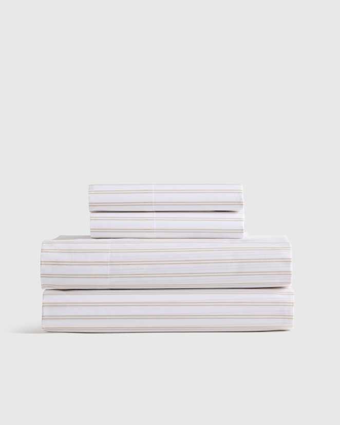 Double Stripe Toffee Organic Crisp Percale Sheet Set