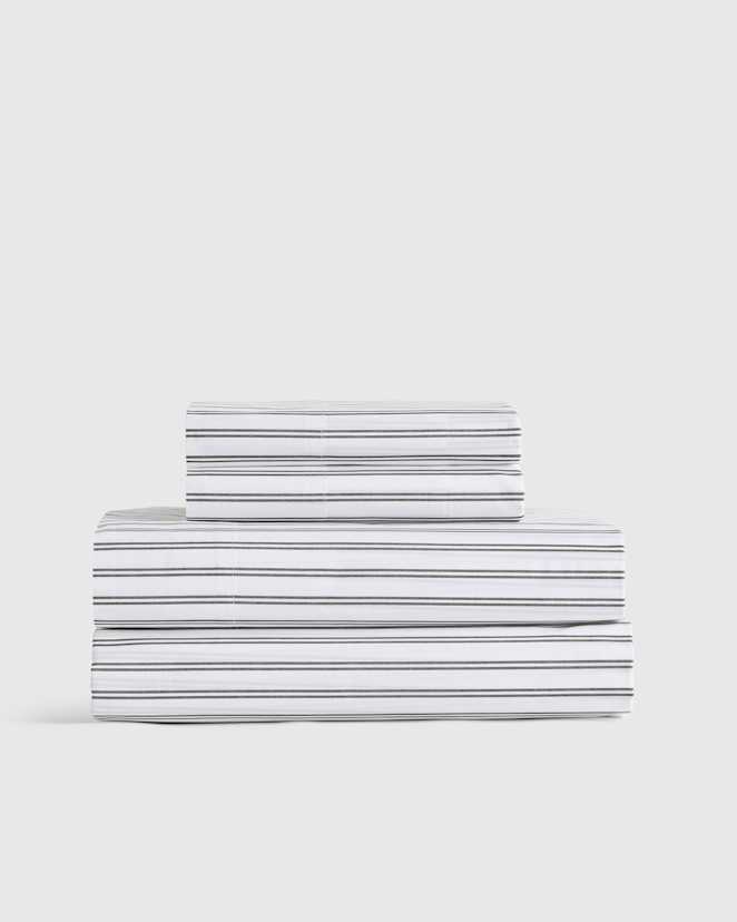 White/Pine Classic Organic Percale Double Stripe Sheet Set