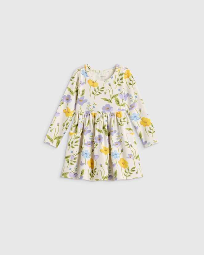 Purple Poppy Garden Organic Cotton Long Sleeve Fit and Flare Pocket Dress