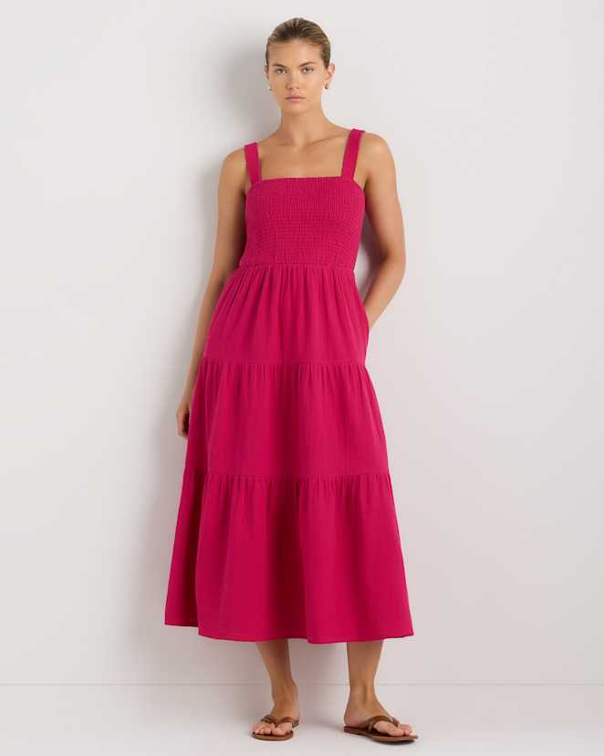 Amaranth Pink 100% Organic Cotton Gauze Smocked Sleeveless Maxi Dress