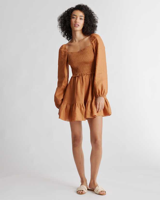 Terracotta 100% European Linen Smocked Mini Dress