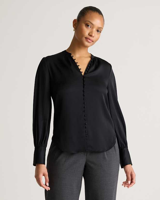 Black Washable Stretch Silk Peasant Blouse