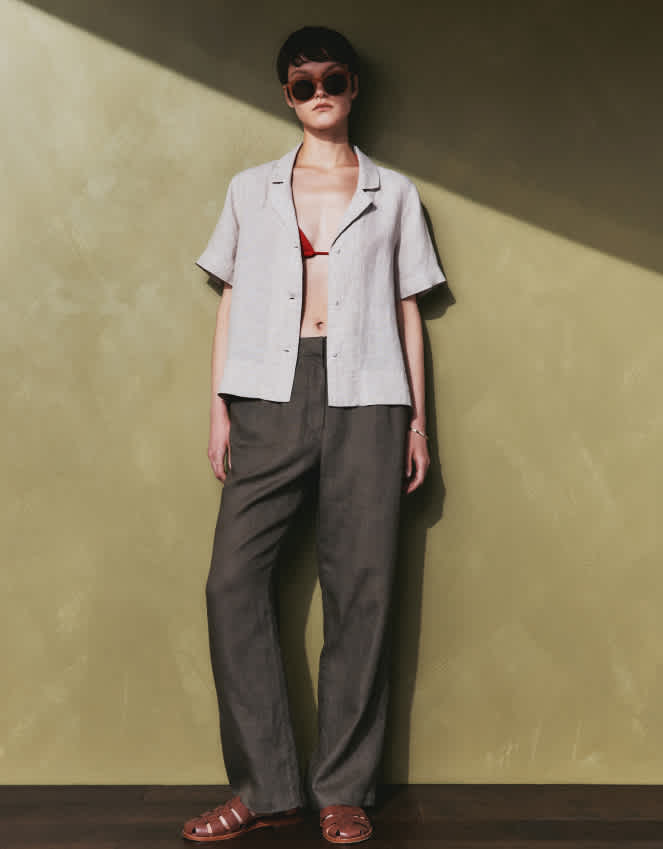 Bayberry Olive 100% European Linen Pleated Trouser