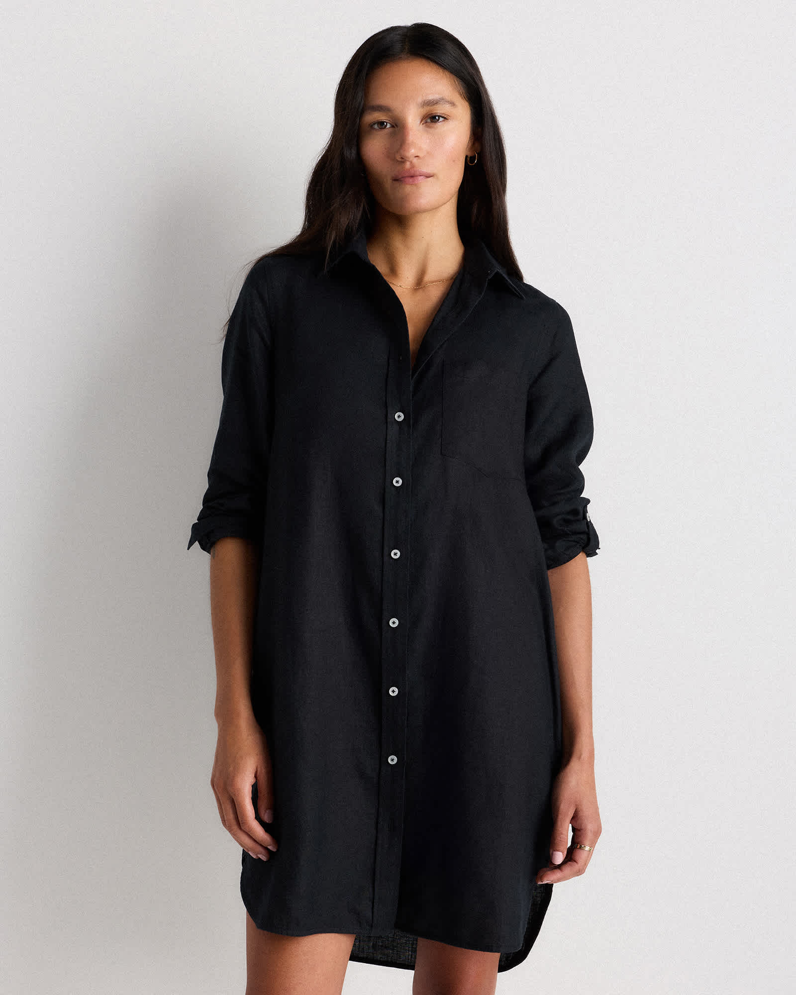 black 100% European Linen Shirt Dress