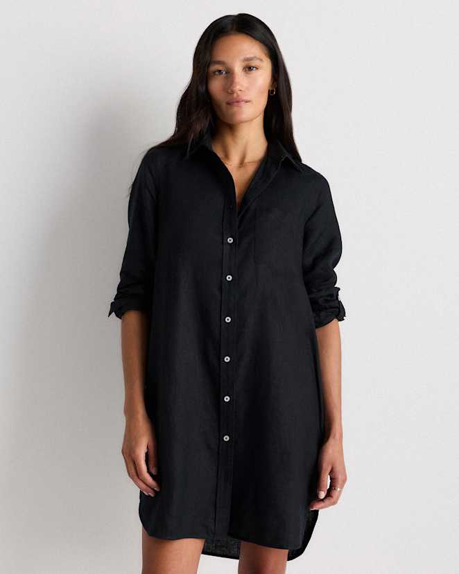 Black 100% European Linen Shirt Dress