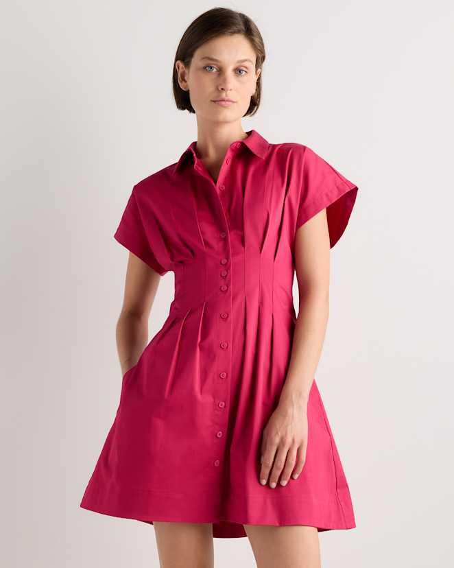 Amaranth Pink Stretch Twill Pleated Mini Shirt Dress