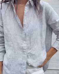 Women-s 100- European Linen Long Sleeve Shirt Pinstripe