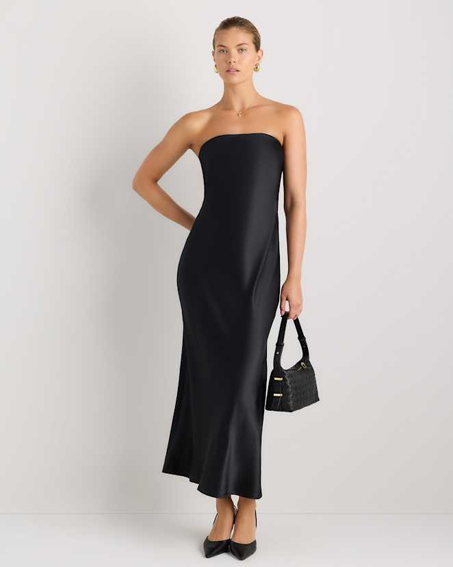 Black 100% Washable Silk Strapless Scarf Maxi Dress