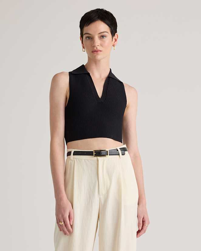 Black Cropped Polo Ribbed Knit Tank
