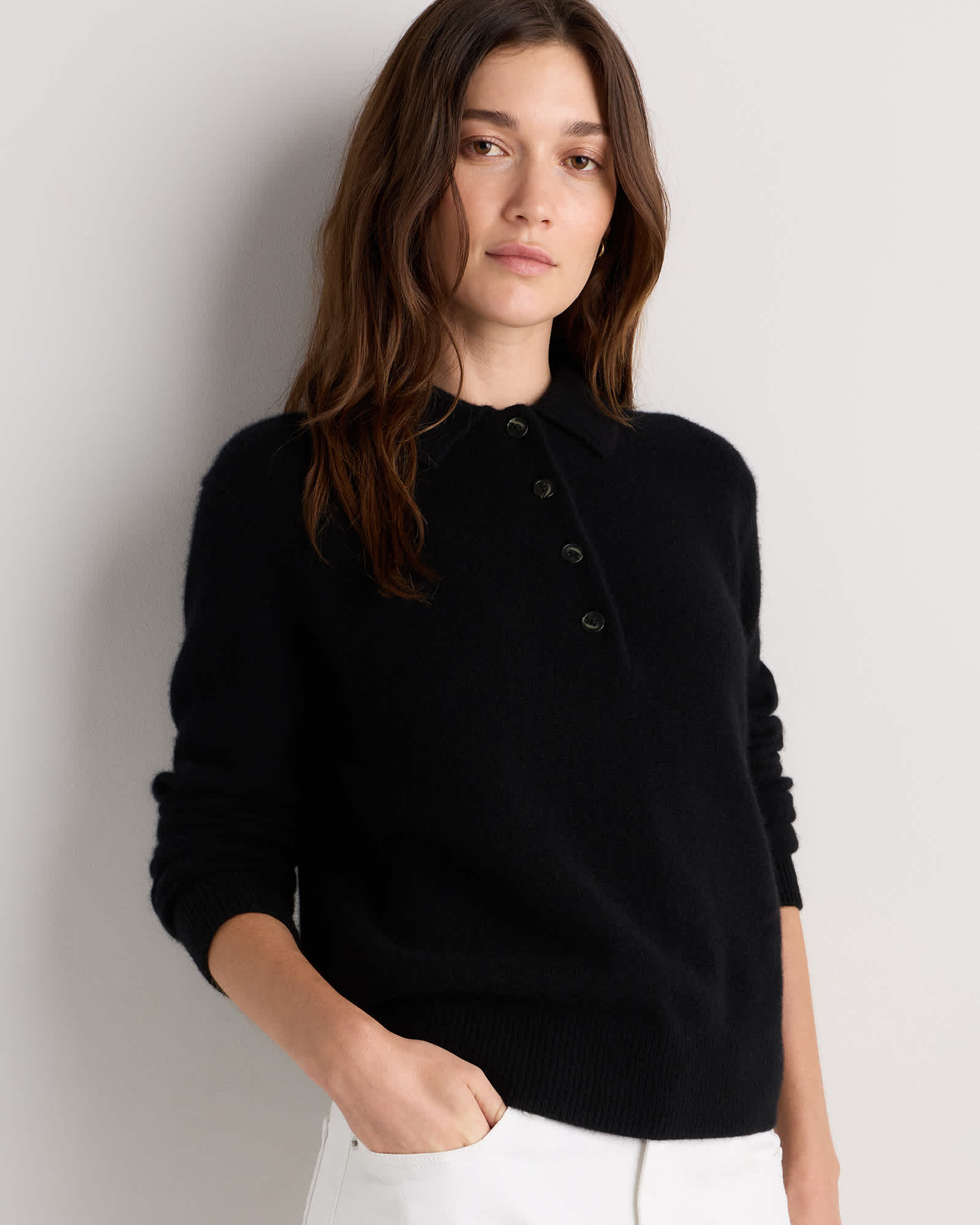 Black Mongolian Cashmere Button Polo Sweater