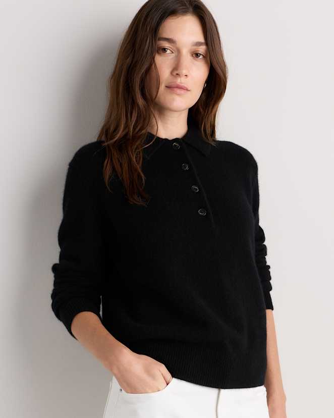 Black Mongolian Cashmere Button Polo Sweater