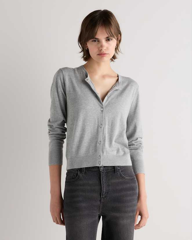 Heather Grey Lightweight Cotton Cashmere Crew Cardigan