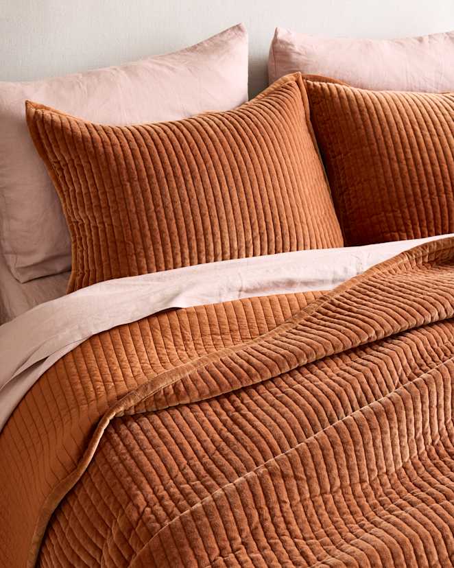 06 21 U BEDD 255 TERRA 4494 EDITED Terracotta Cotton Velvet Channel Quilted Sham Set