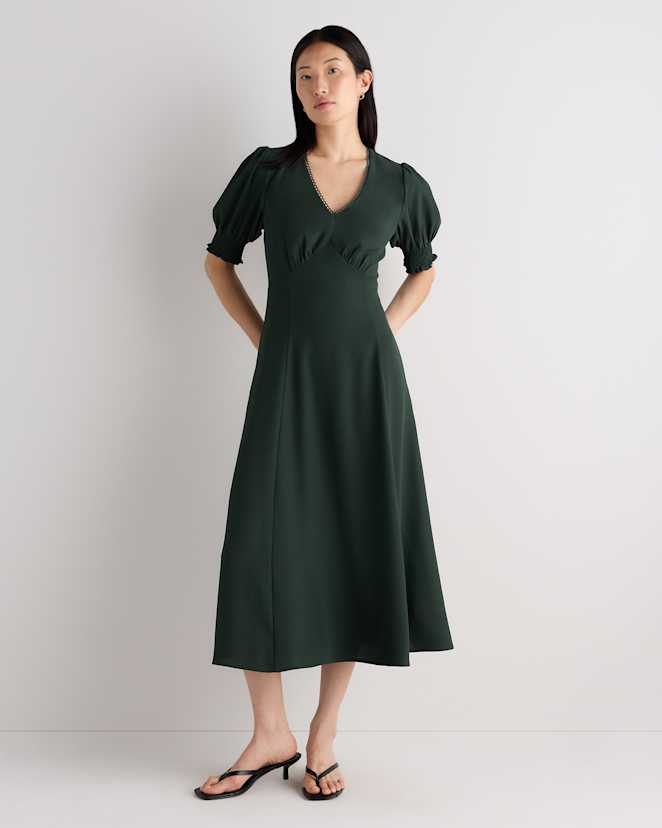 Forest Green Matte Crepe Puff Sleeve Midi Dress