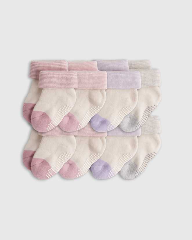 Pink/Blue Multi Organic Cotton Gripper Fold Over Socks 8-Pack