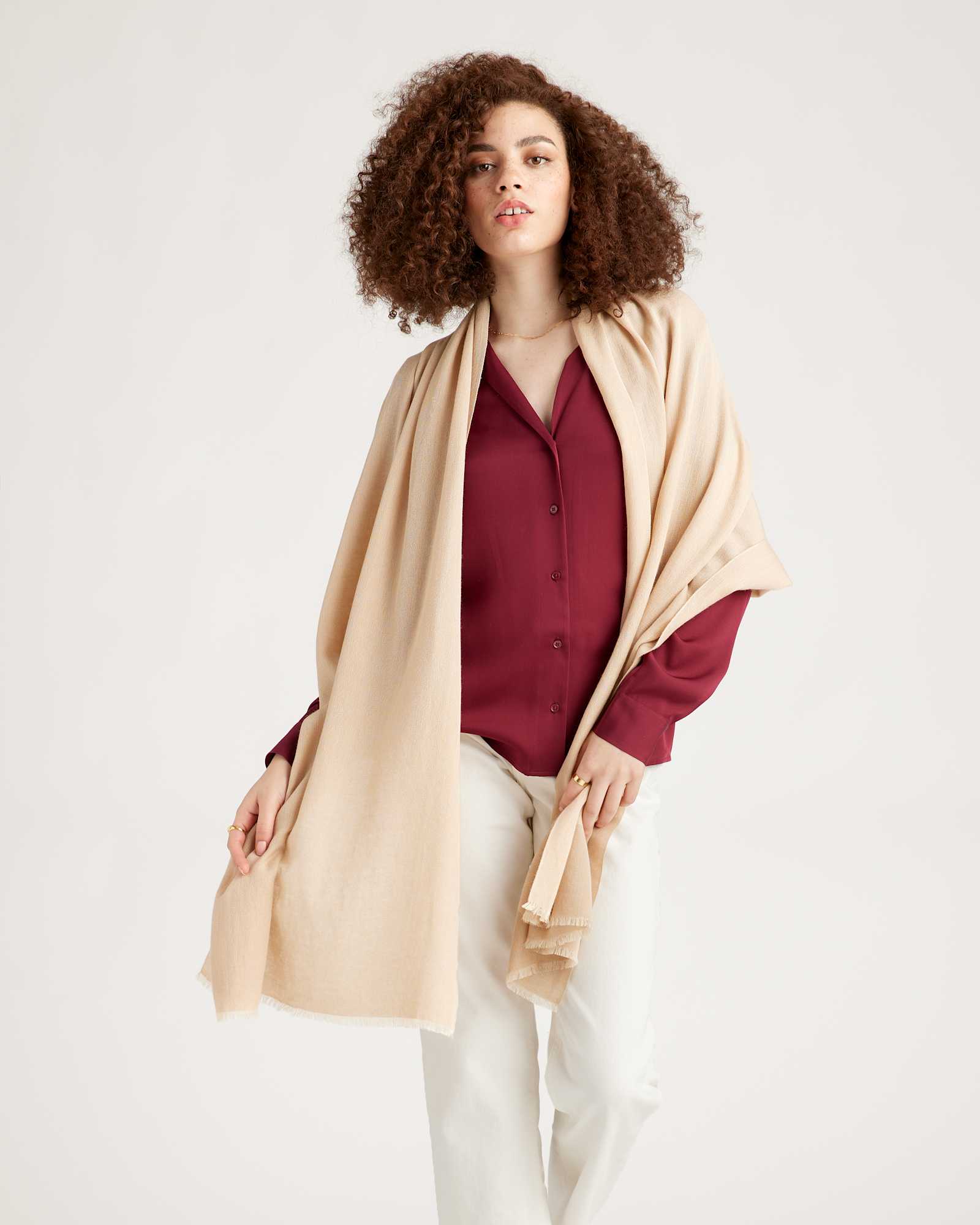 beige Featherweight Cashmere Silk Frayed Edge Scarf