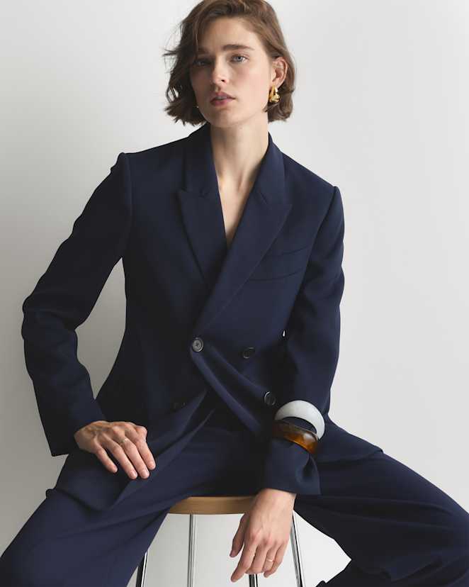 Navy Stretch Crepe Relaxed Double-Breasted Blazer