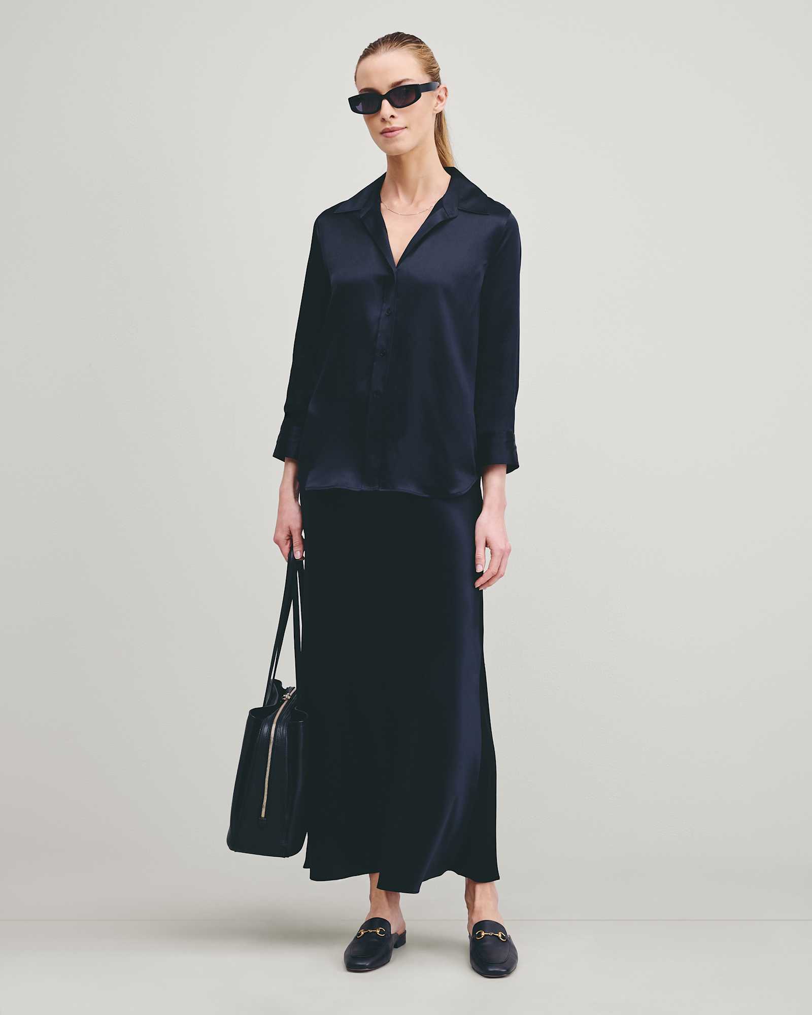 black 100% Washable Silk Maxi Skirt