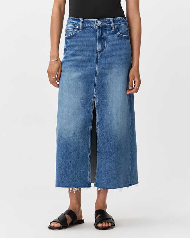 Atlantic Blue Stretch Denim 5-Pocket Midi Skirt