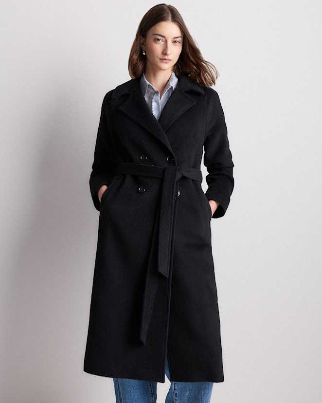 Black Camel Hair Double-Breasted Long Wrap Coat