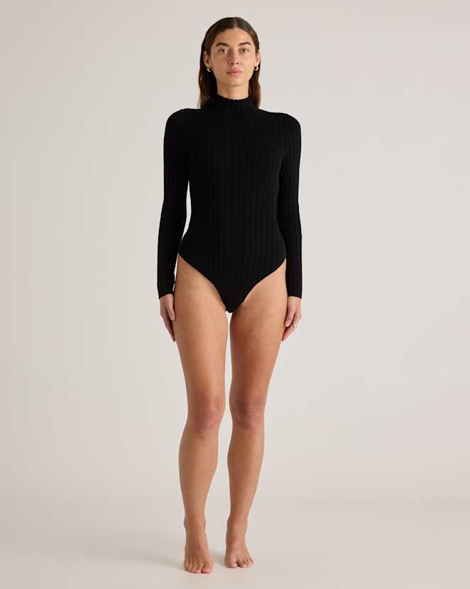 Black Cotton Cashmere Ribbed Turtleneck Bodysuit