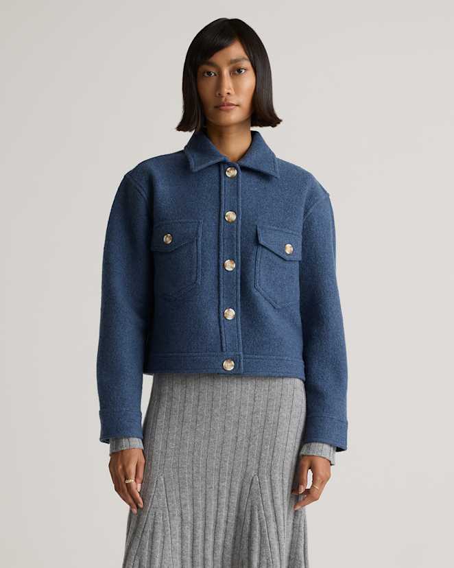 Denim Blue Melange 100% Merino Wool Cropped Shirt Jacket