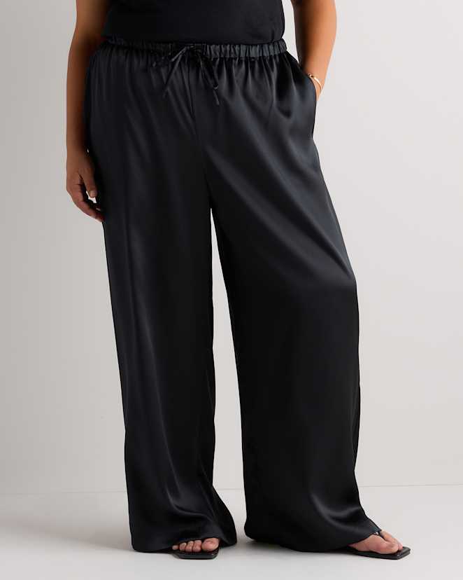 Black 100% Washable Silk Drawstring Wide Leg Pants