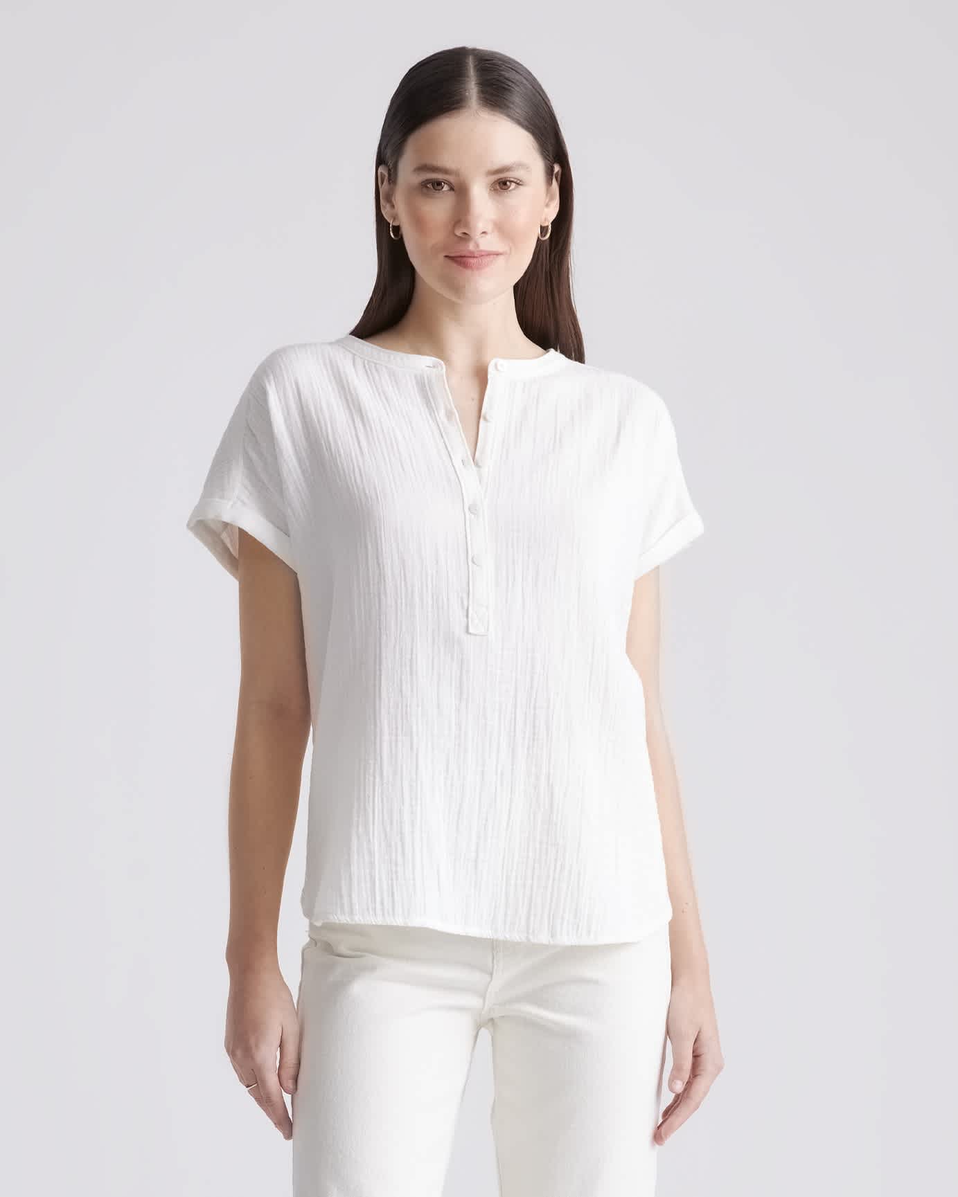 white 100% Organic Cotton Gauze Roll Sleeve Shirt