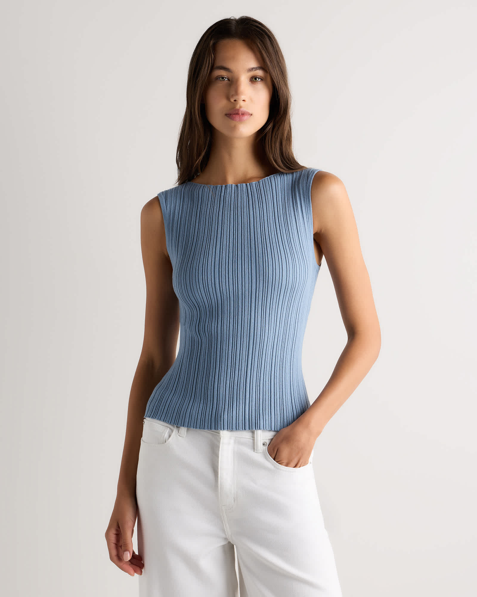 Mountain Spring Blue Cotton Cashmere Ribbed Tank