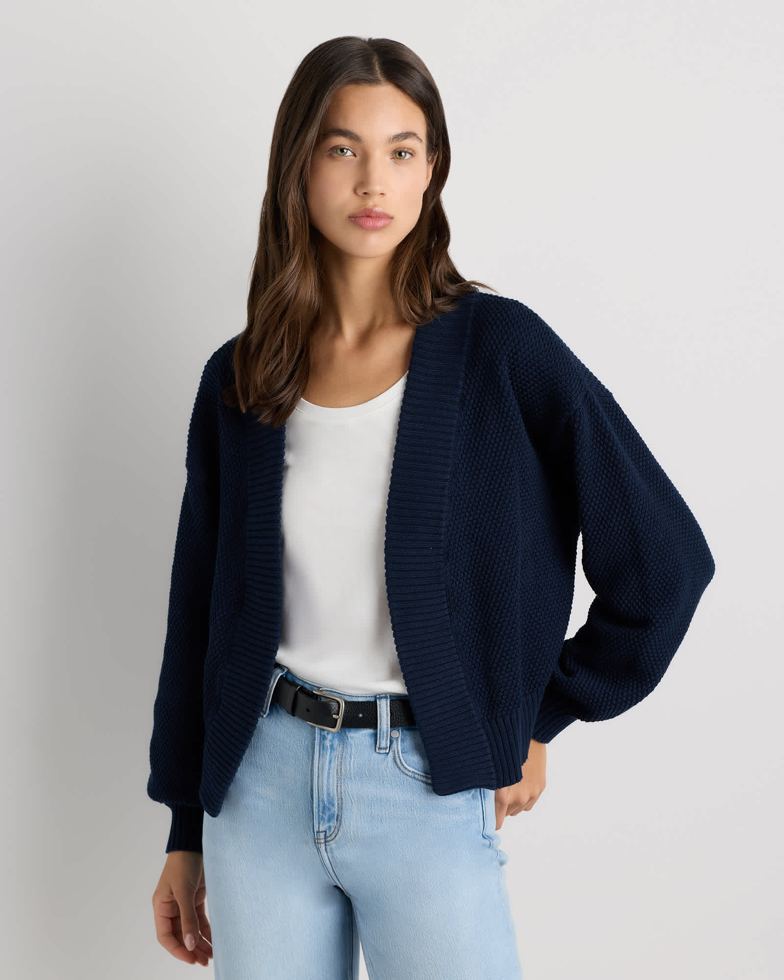 Navy Cardigan ouvert en tricot gaufré 100% coton biologique
