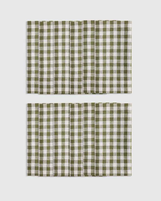 Olive European Linen Wide-Hem Gingham Napkins (Set of 12)