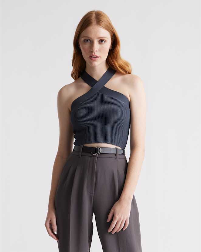 Grey Cropped Halter Ribbed Knit Tank