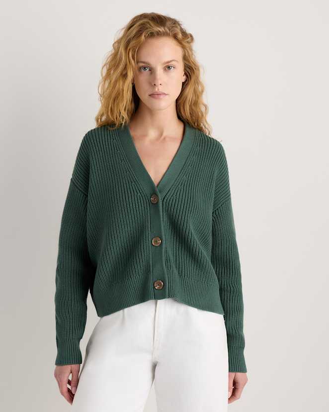 Big Sur Green Cardigan écourté style pêcheur 100 % coton biologique à coupe carrée