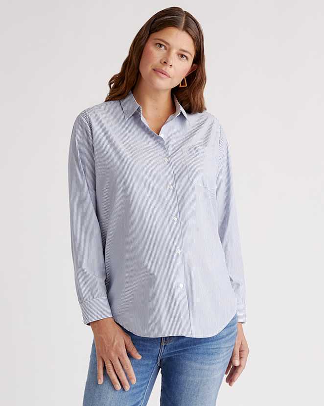 Light Blue Stripe 100% Organic Cotton Poplin Maternity Long Sleeve Shirt