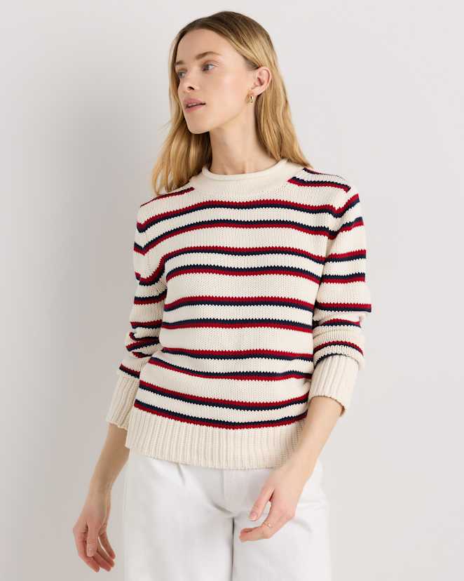 Off White/Navy/Red Variegated Stripe 100% Organic Cotton Roll Neck Sweater
