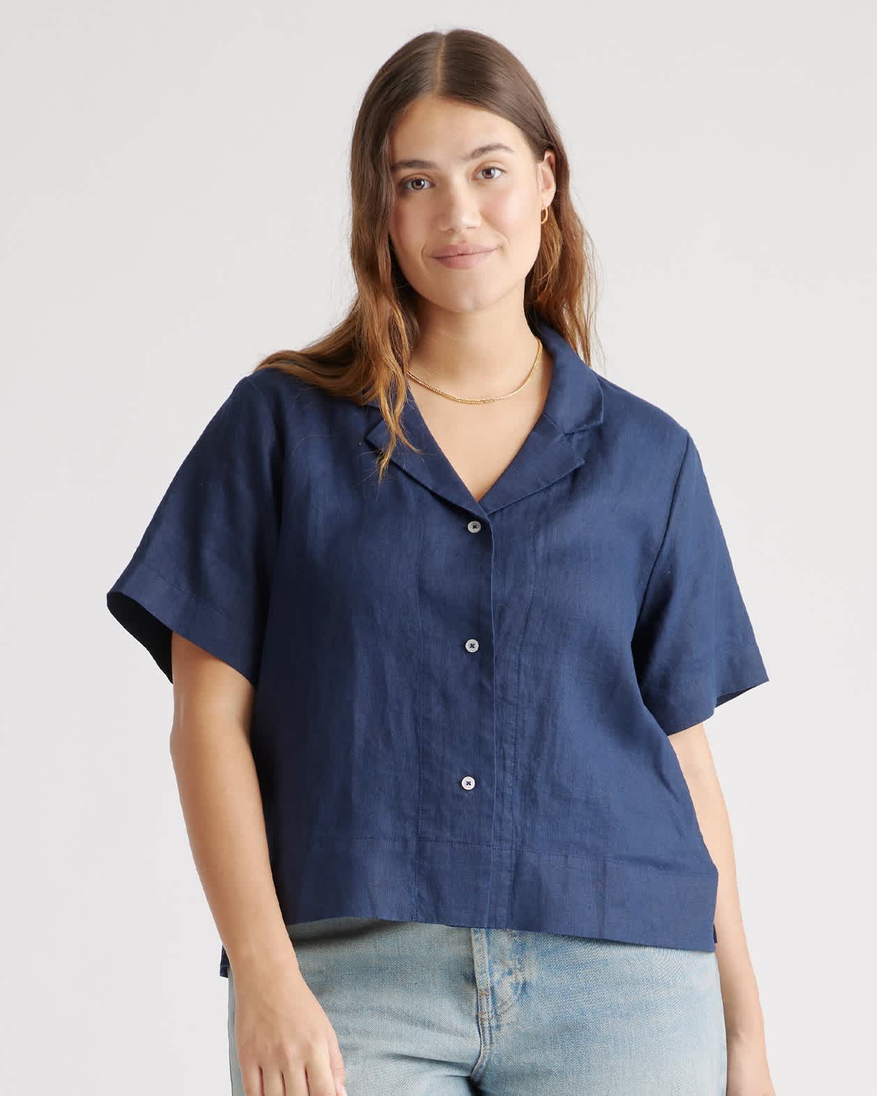 deep-navy 100% European Linen Short Sleeve Shirt