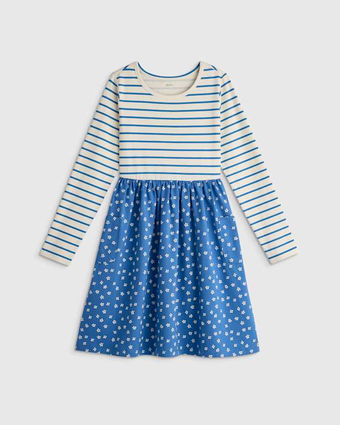 Blue Mini Floral Stripe Organic Cotton Long Sleeve Fit and Flare Pocket Dress