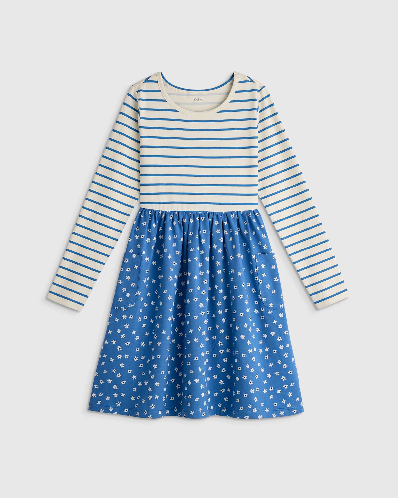U--780 KID Organic Cotton Long Sleeve Fit and Flare Pocket Dress Blue Mini Floral Stripe 15964 CROPPED