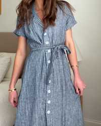100% European Linen Button Front Dress - PDP Video Thumbnail (Chambray Stripe, 4x5)