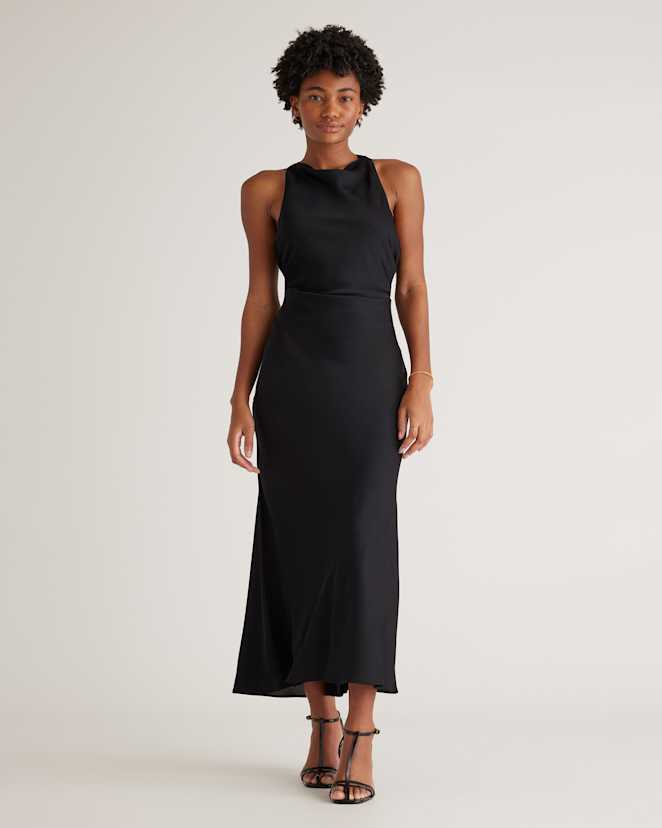 Black Washable Stretch Silk High Neck Midi Dress