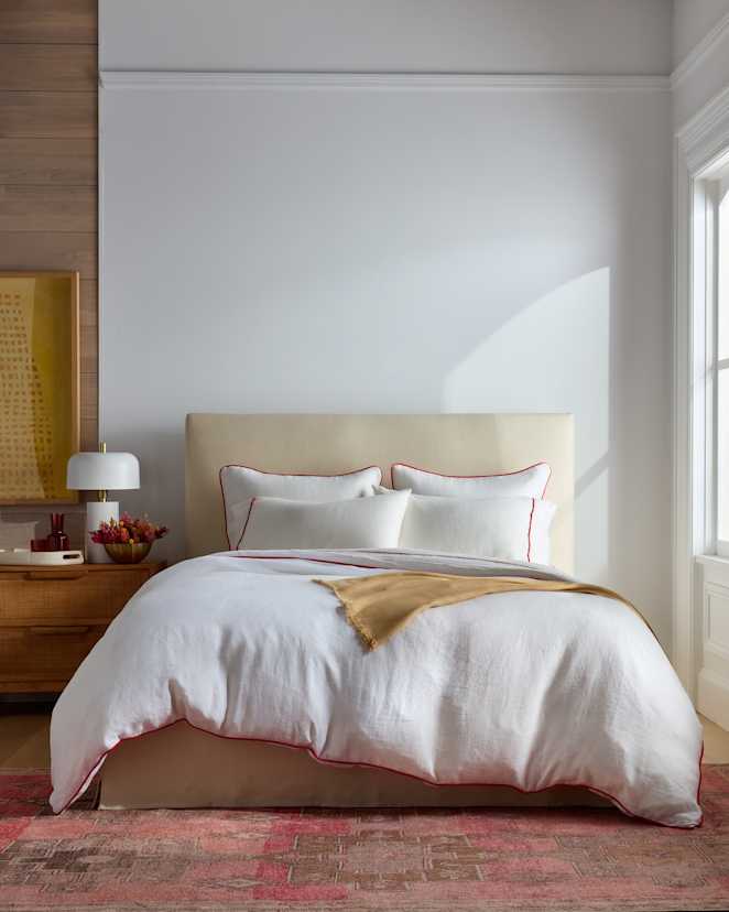 White/Cherry European Linen Piped Deluxe Bedding Bundle