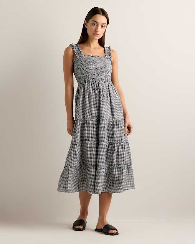 Classic Mini Gingham 100% European Linen Smocked Midi Dress